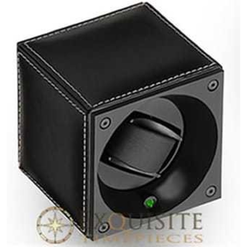 Swiss Kubik Watch Winder Single – Black Calf Leather With White Stitches – With Window Protect Sk01.cv001-wp