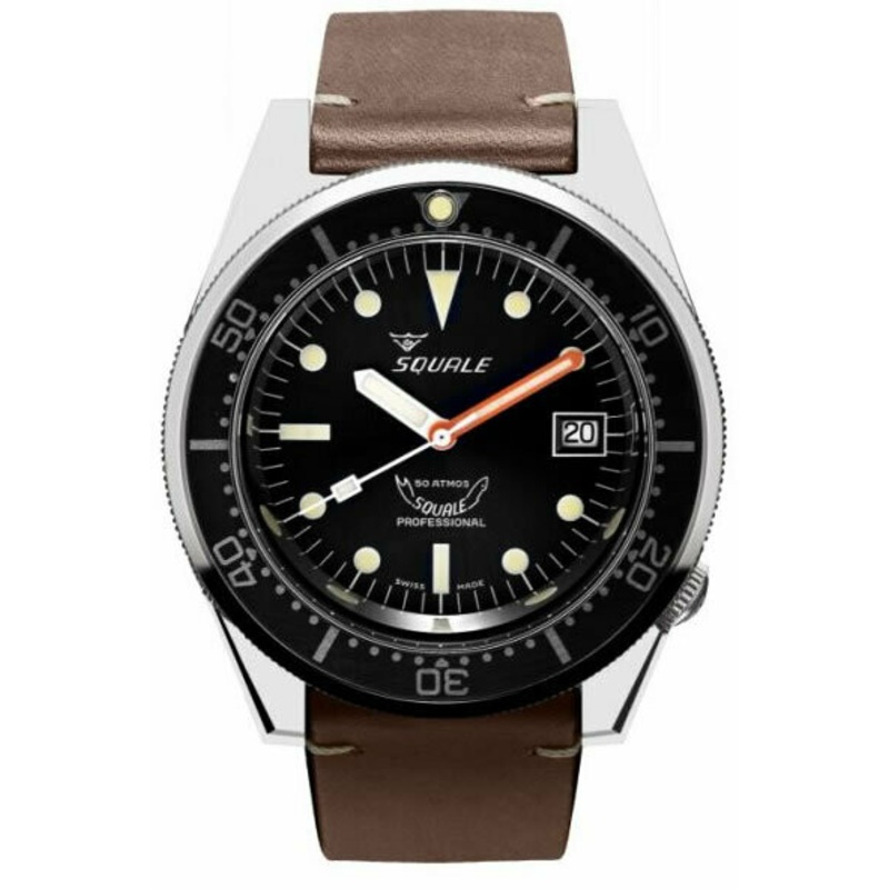 Squale 1521 Classic Black on Leather Strap