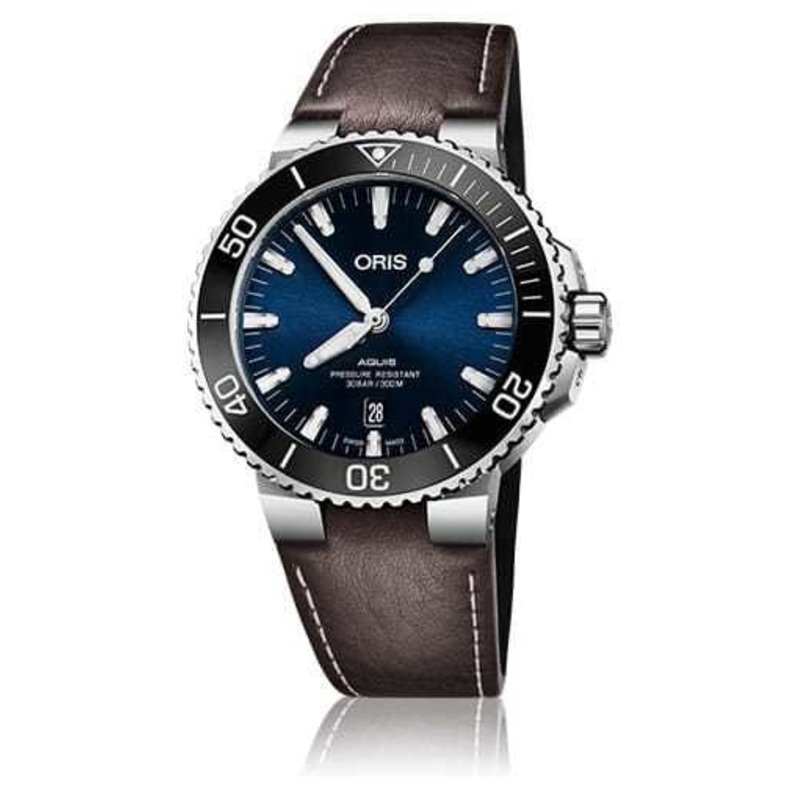 Oris Aquis Date Blue Dial on Brown Leather Strap