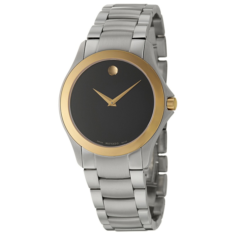 0605871 Movado Military Black Dial Mens Gold Steel Watch